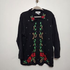 OHI Cardigan Sweater 1X Plus Black Holiday Knit Embroidered Beaded Missing Bttns